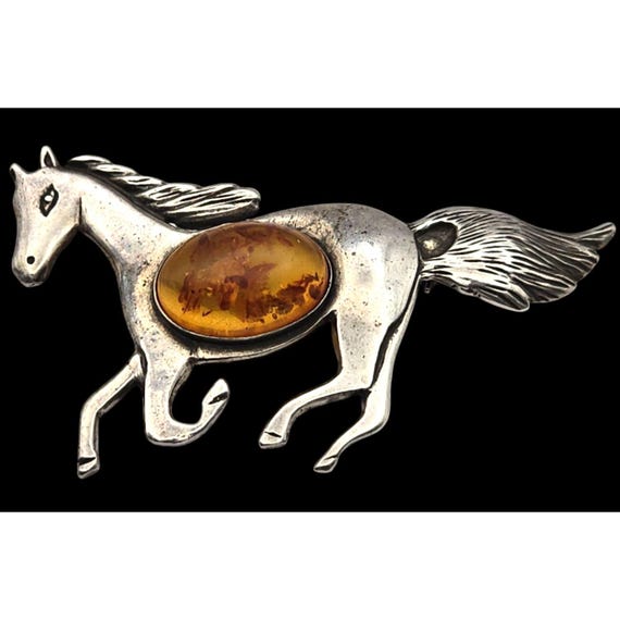 Vintage Native American Sterling Silver Horse Brooch With Amber Cabochon