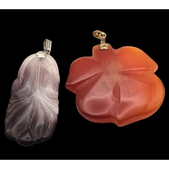 Vintage Natural Carved Agate Leaf / Petal Necklace Pendants With Gold & Silver Bail Attachments