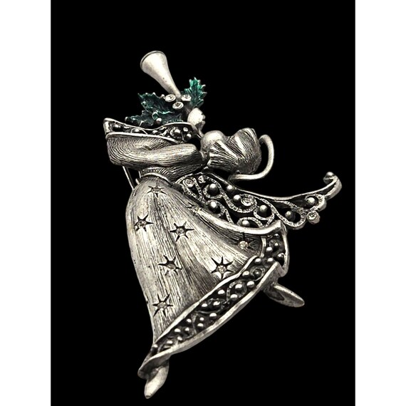 J.J. Jonette Vintage Christmas Angel Brooch Pin Silver-Tone Green Holly / Rhinestone Accent 1980s