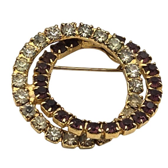 Vintage Gold-Tone Circular Brooch With Purple & Clear Rhinestones 1 1/4 " X 1 1/4 "