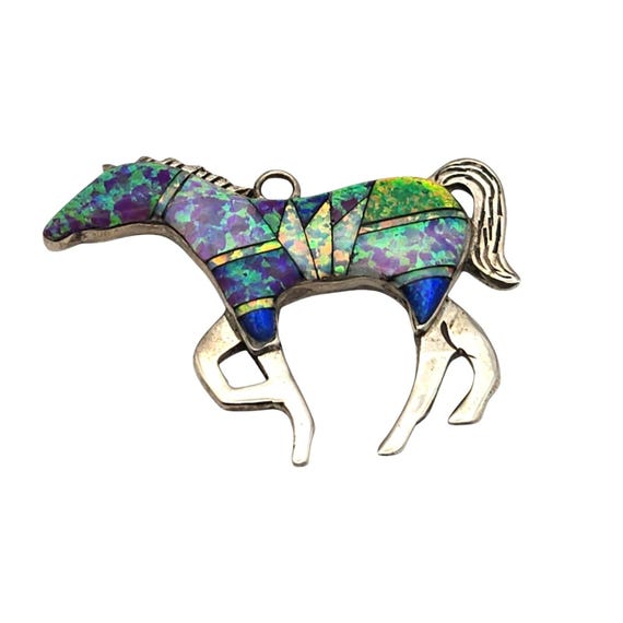 Vtg Native American Sterling Silver Horse Pendant W/ Purple & Green Opal Inlay Signed AA ( Art Acoya ) ZUNI