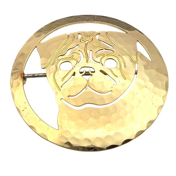 Vtg Gold Tone Dog Cutout Brooch Pin By TJI 1.5" Round Pug Face Design Textured Metal Jewelry