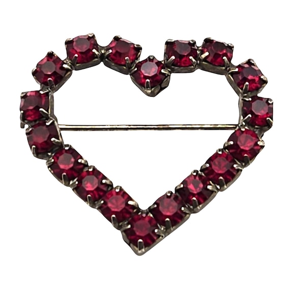Vintage Silver-Toned Heart Brooch With Red Gemstones 1 1/4 " X 1 1/4 "