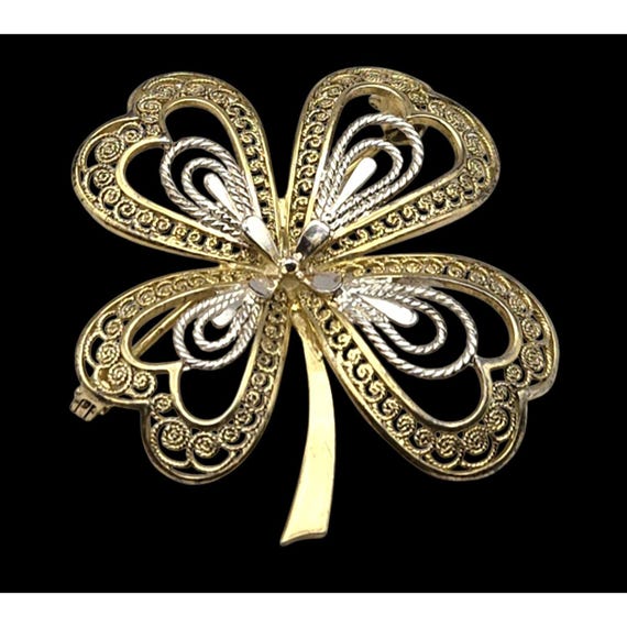Vtg Vanlou Sterling Silver Two-Tone Four Leaf Clover Brooch Germany Artist Signed Elegant Jewelry Piece