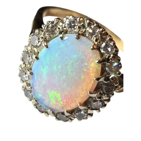 Stunning Vintage 14 Kt. Gold Opal & Diamond Halo Ring Size 7 1/2