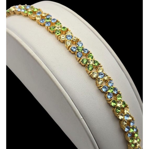 Vtg Joan Rivers Gold Vermeil Crystal Rhinestone Tennis Bracelet 7.5" Signed Sparkling Green & Blue Stones