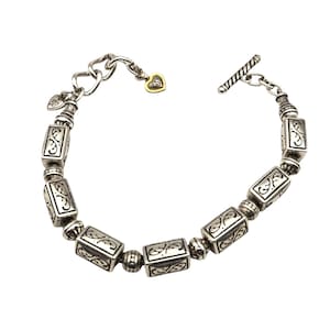 Vtg Brighton Silver Tone Link Bracelet 8.5&quot; Gold Heart Accent Charm Elegant Design