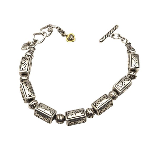 Vtg Brighton Silver Tone Link Bracelet 8.5" Gold Heart Accent Charm Elegant Design