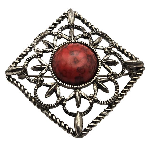 Vintage Sarah Coventry Red Stone Cabochon Filigree Brooch Antique Jewelry Accessory 1 3/4 " x 1 3/4 "