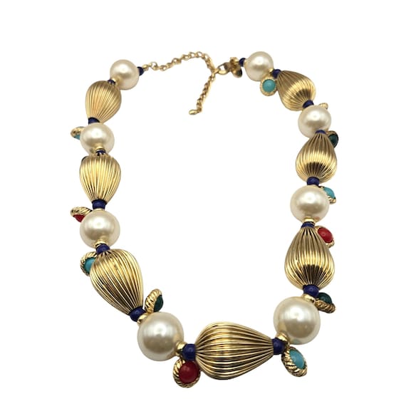 Vtg Arnold Scaasi Chunky Gold Tone Necklace W/ Faux Pearls & Multicolor Accents