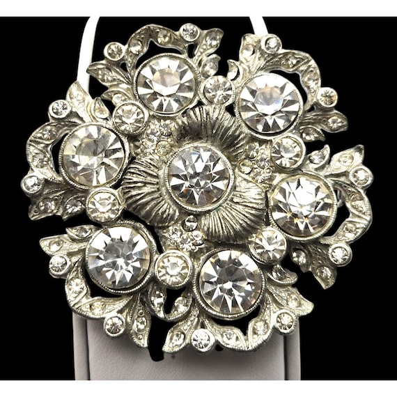 Vintage Silver-Tone Floral Rhinestone Brooch Pin 2 " X 2 " Circa 1920's