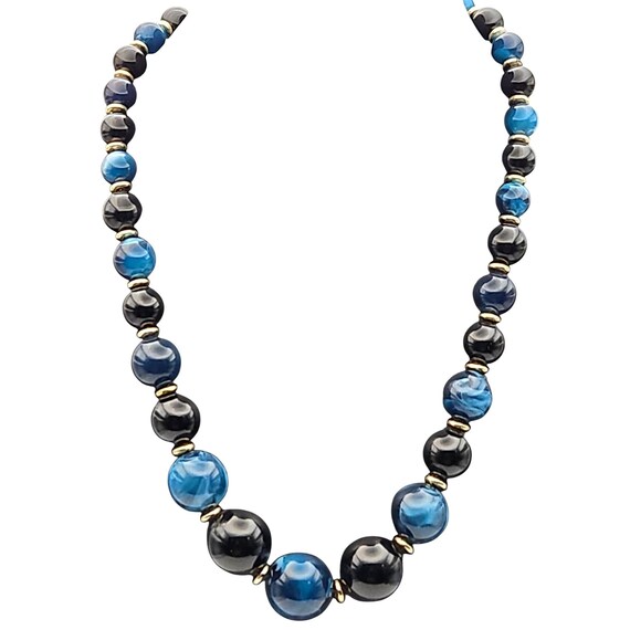 Vintage Graduated Black & Blue Marbled Bead Necklace With Gold-Tone Spacers 18" Length Classic Statement Jewelry