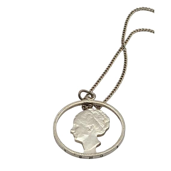 Vintage Queen Silhouette Cut Out Coin Pendant Necklace Sterling Silver Chain