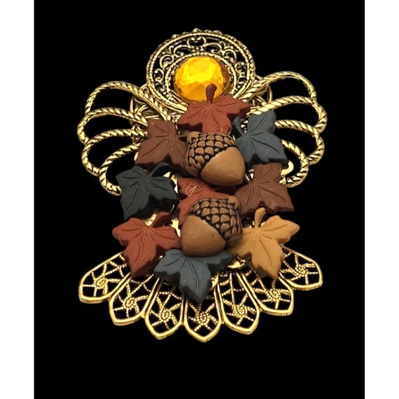 Vintage Autumn Leaf & Acorn Brooch Pin Filigree Gold-Tone Metal with Amber Rhinestone