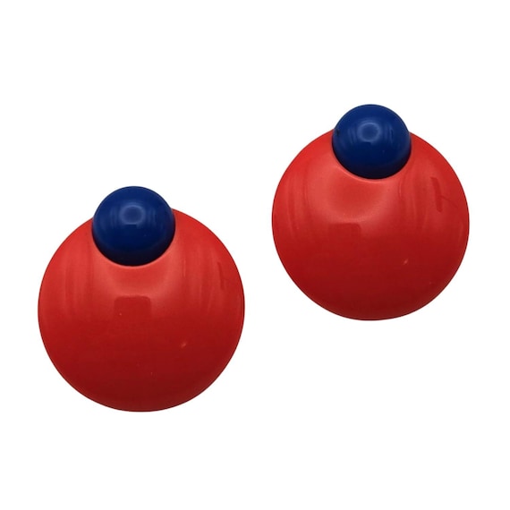 Vtg 1960s/70s MCM Red & Blue Geometric Lucite Button Stud Earrings