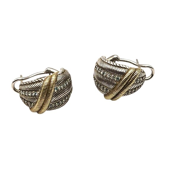 Vtg Judith Ripka Two-Tone Sterling Silver & Gold Tone Clip-On Earrings W/ CZ Accents