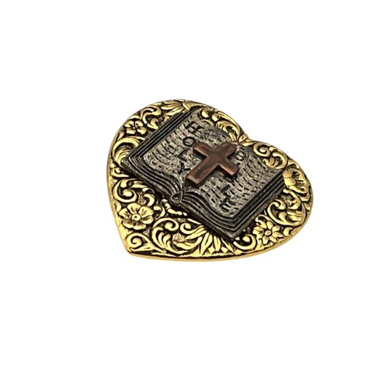 Scripture Wear Vintage Heart Christian Lapel Pin With Bible & Cross Design