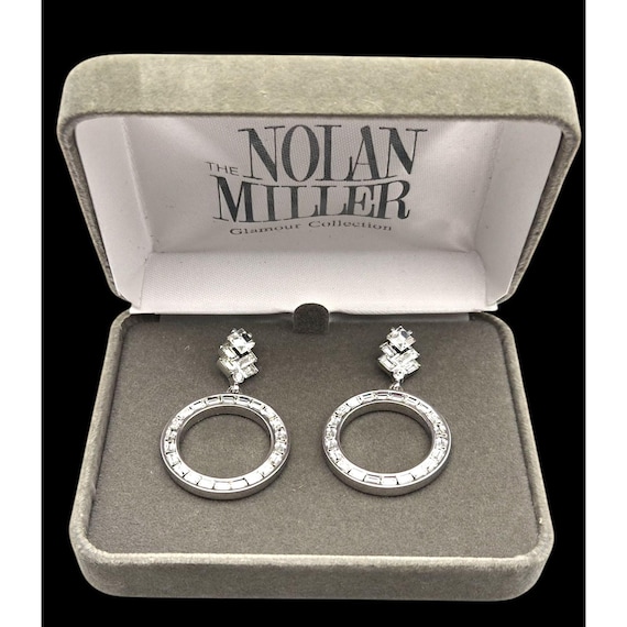 Vtg. Nolan Miller Glamour Collection Crystal Hoop Earrings In Box Stud Back Closure