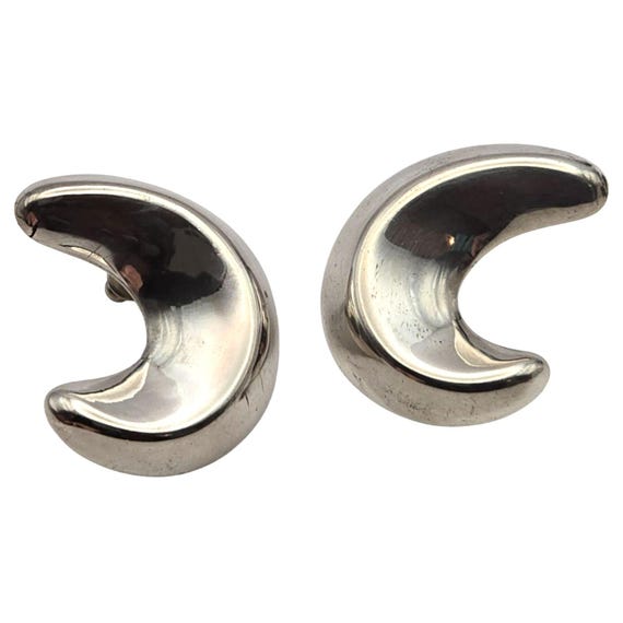 Vintage Mexican Sterling Silver Puff Crescent Moon Stud Earrings