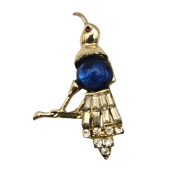 Vintage Bird Brooch With Blue Glass Body & Rhinestone Tail 2 1/2 " X 1 1/4 "