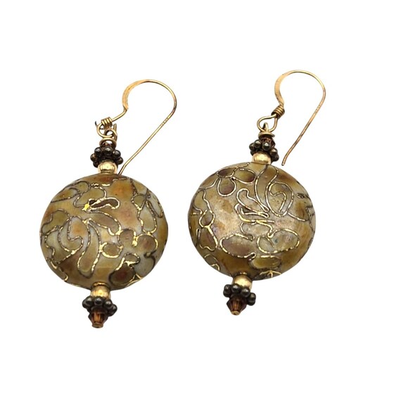 Vintage Gold Tone Cloisonne Earrings W/ Scrolling Floral Design & Beads