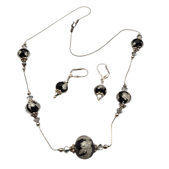 Vintage Sterling Silver Murano Glass Bead Jewelry Set Necklace & Lever back Earrings Black - Silver Beads