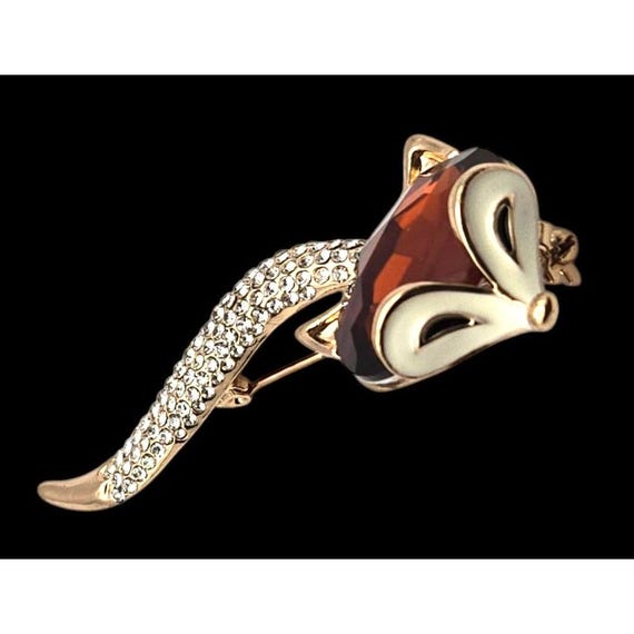 Fox-Shaped Crystal Brooch With Rhinestones & Amber Gemstone Accent 3 " X 1 1/2 "