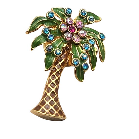 Vtg Enamel Rhinestone Palm Tree Lapel Pin Tie Tack Gold Tone Signed N R  Nina Ricci 1 1/4" X 3/4"