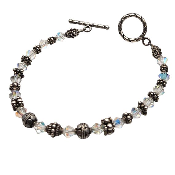 Vtg Sterling Silver AB Rhinestone Beaded Toggle Bracelet 8 Inch