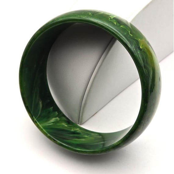 Vtg Bakelite Green Swirl Wide Bangle Bracelet 3"x1" Width 2 3/8" Inside Measurement