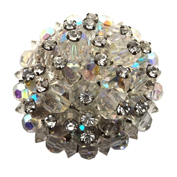 Vtg AB Crystal Bead & Rhinestone Starburst Brooch 1 1/2 " w/ 1 " Rise