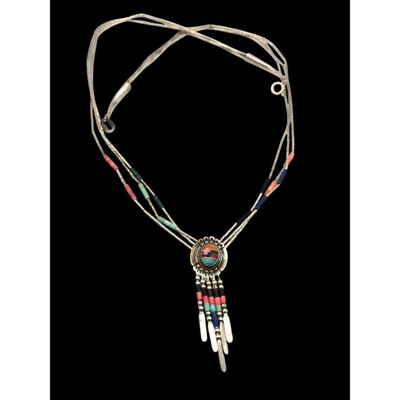 Vtg Carolyn Pollack Sterling Silver Multi-Color Beaded Necklace With Native American-Inspired Pendant & Dangles
