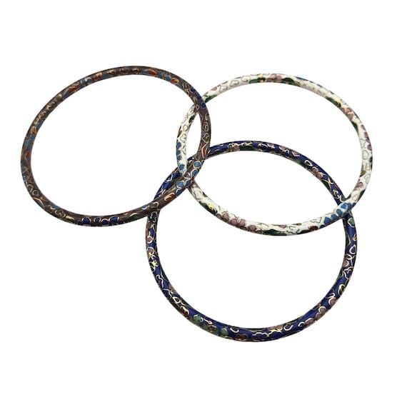 Vtg Cloisonné Bangle Bracelets Set Of 3 Blue White & Lavender Brown 2 3/4" Diameter 1/8" Width Classic Floral Design