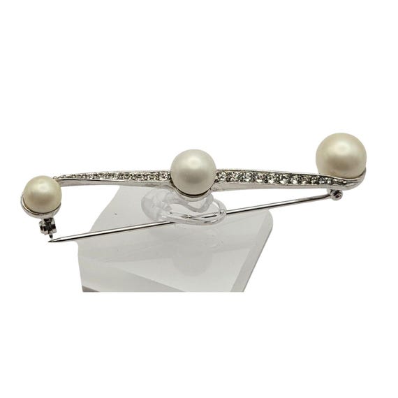 Vtg Silver-Plated Marvell Faux Pearl & Rhinestone Bar Brooch Pin