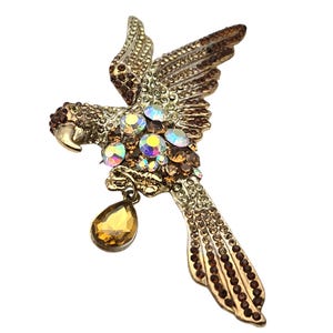 Vintage Crystal Rhinestone Parrot Brooch Pin With Gold-Tone Finish & Amber Accents