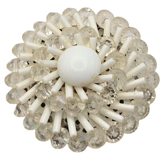 Vintage West Germany White Beaded Brooch With AB Beads & Milk Glass Center Cabochon