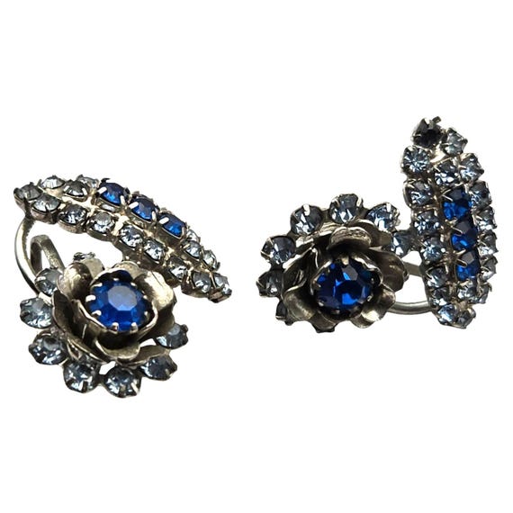 Vintage Floral Clip-On Earrings With Blue Rhinestones & Silver-Tone Setting Weiss ?