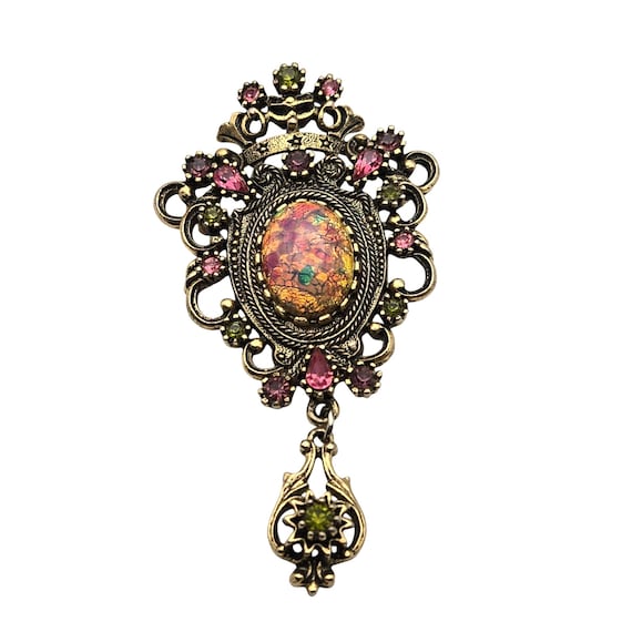 Vintage Sarah Coventry Ornate Gold-Tone Contessa Brooch/Pendant With Gemstone Accents 3 1/4 " x 1 3/4 "