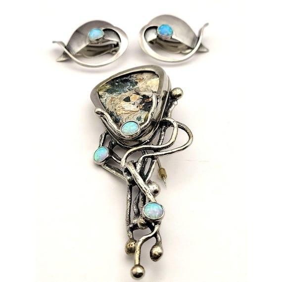 Handmade 925 Sterling Silver Roman Glass Brooch & Earrings Set With Opal Inlay- Artist Signed