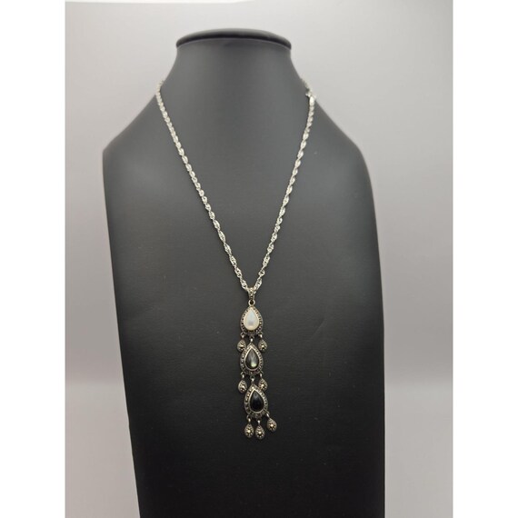 Vintage Silver Necklace With Black & White Gemstone Pendant GIFT