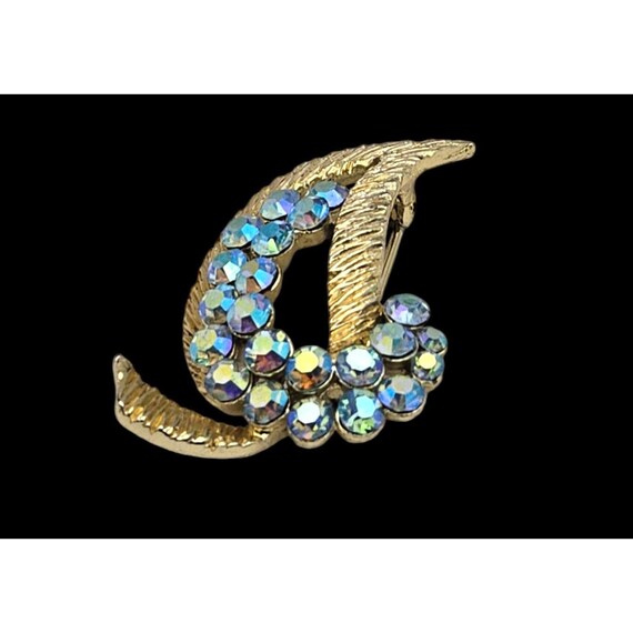 Vintage Gold-Tone Leaf Brooch With Iridescent Rhinestones