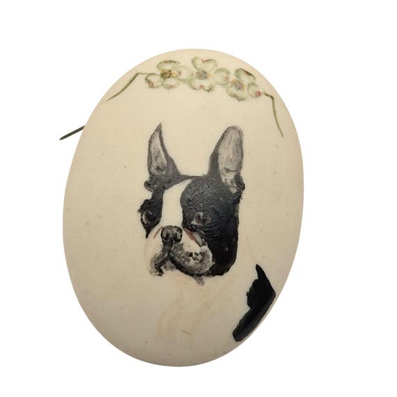Vtg Hand Painted Ceramic Boston Terrier Brooch Oval Shaped Floral Accent Back Pin