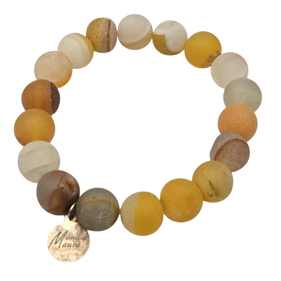 Vtg Monica Mauro Druzy Agate Quartz Bracelet 6" Expandable 1/2" Round Beads Earthtone Colors Healing