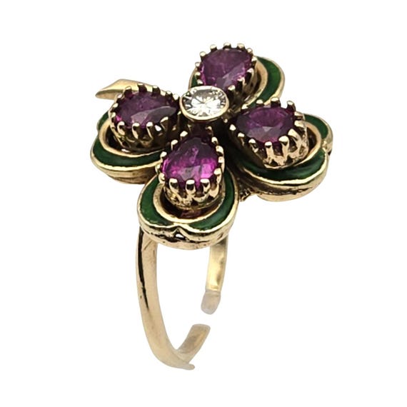Custom Made 14 Kt. Gold Diamond & Amethyst Clover Ring / Enamel Accents Size 7.5