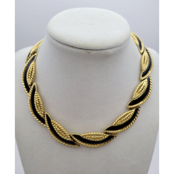 Vintage Trifari Gold Tone & Black Enamel Leaf Necklace