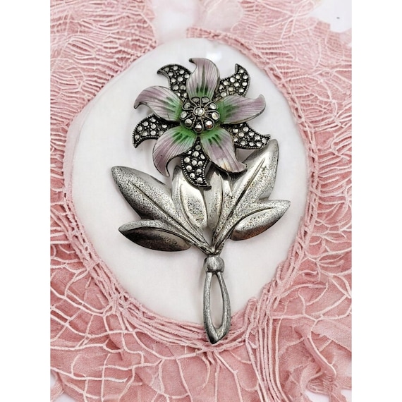 Vintage Sterling Silver Marcasite And Enamel Flower Brooch