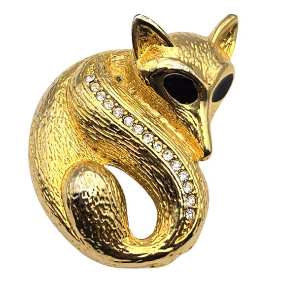 Vtg Gold Plated Fox Brooch W/ Enamel Eyes & Rhinestone Accent Body 2"x1 1/4" Elegant Pin For Vintage Fashion Lovers