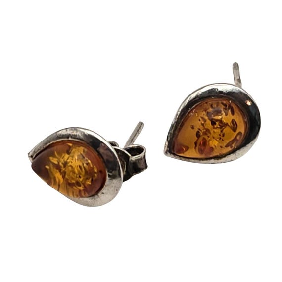 Vtg Sterling Silver Natural Amber Teardrop Stud Earrings 1 /2 " x 3/8 "
