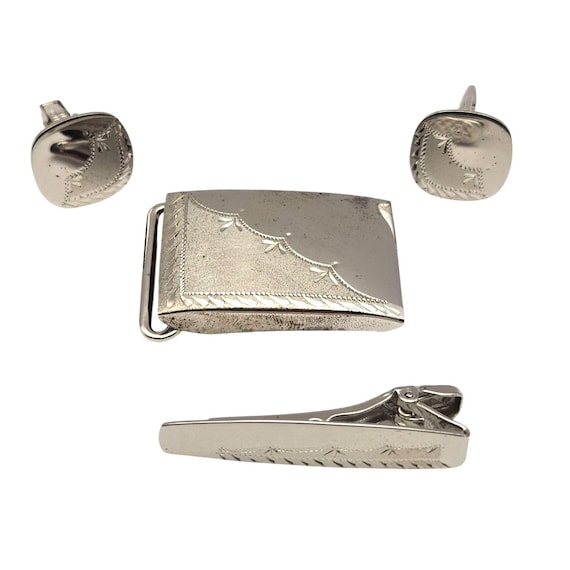 Vtg Sterling Silver Mens Jewelry Set Cufflinks Tie Clip Belt Buckle Etched Detail Shiny/Satin Finish Gift Set
