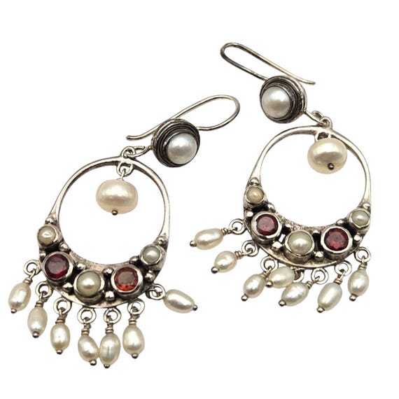 Sudha Irwin Vintage Sterling Silver Drop Earrings With Pearl & Garnet Accents